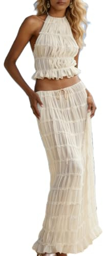 SOOKABEILA Womens 2 Piece Maxi Skirt Set Lace Up Sleeveless Tank Top and Flowy Long Skirt 2024 Summer Beach Outfits (Apricot,S)