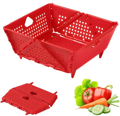 Faltbarer Seiher Sieb, Küche Kunststoff Klappbar Abtropfsieb Nudelsieb Set, Küchensieb Abwaschschüssel Von Nudeln, Obst, Gemüse, Platzsparend Abgiesshilfe Mit Stützfüßen (Rot)