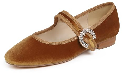 Feversole Women's Square Toe Mary Jane Fashion，Punta Quadrata Easy Buckle Tacco Basso Slip On Flats in Velluto Cammello Foderato di Pelliccia Taglie 39 EU