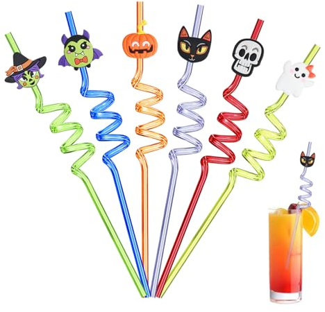 Ulife Mall Halloween Party Straws, 6PCS Reusable Drinking Straw Halloween Party Decorations Skeleton Ghost Pumpkin Bat Witch Curly Plastic Straws Kids Birthday Decor Favors