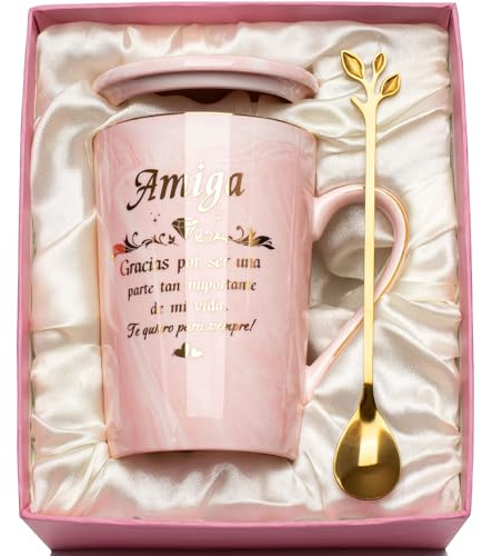 Regalo Amiga, Regalo Amiga Cumpleaños, Regalos Amigas Originales 14oz Taza de Cerámica Jaspeada Regalos para Amigas, Regalos para Mejores Amigas Mug con Tapas, Cucharas, Tarjetas, Cajas de Regalo