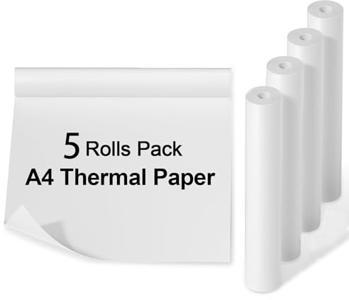 Papier Imprimante Thermique A4 – 5 Rouleaux (30 Feuilles/Rouleau, 210×30 mm), Séchage Rapide, Sans BPA, Impression Claire et Durable pour Documents & Photos