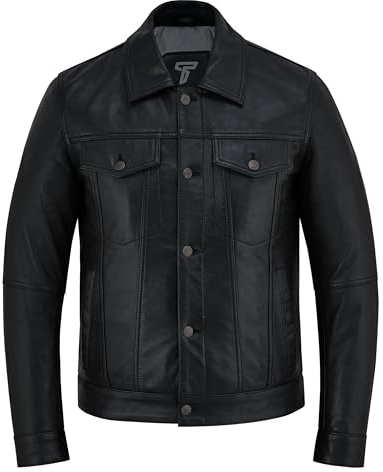 Texpeed Mens Casual Buttoned Leather Shirt Jacket - Real Genuine Soft Touch Sheepskin Biker Motorcycle Style Leather - Black - XXL