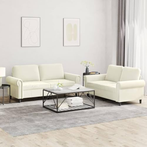 Mandloder 2-TLG. Samt Sofagarnitur mit Kissen, Creme, Modern, Robust, Stabil, Für Wohnzimmer, Komfortabel, Gesamt 152x77x80cm, Gesamt 172x77x80cm