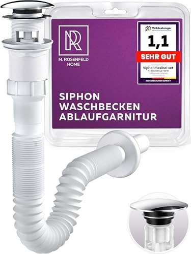 M. ROSENFELD HOME Flexibel Siphon Waschbecken Ablaufgarnitur Pop Up Ablaufventil mit Überlauf – Geruchsschutz, einfache Montage, universell passend