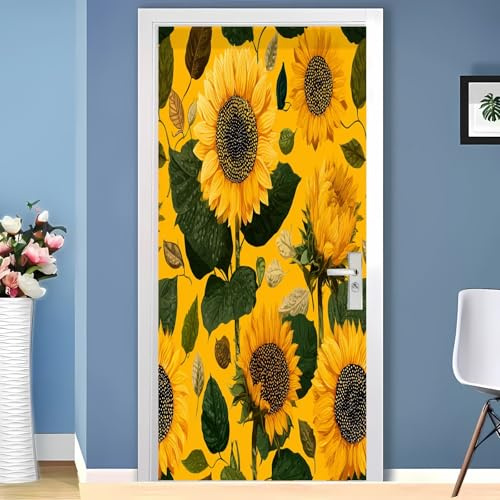 Vattentät dörrposter/dörrfolie 80 x 210 cm, botaniskt solrosmönster, självhäftande dörrklistermärke, gul, dörrdekoration och dörrtapet för sovrum, vardagsrum och badrum