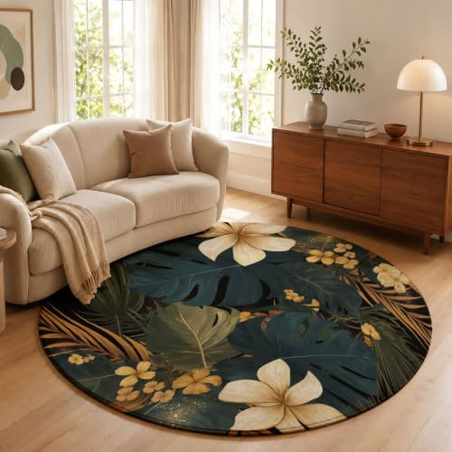 HASLEFND Tappeto Piante tropicali Rotondo 160cm per Soggiorno | Tappeto Lavabile Antiscivolo Tappetos Monstera Deliziosa Frangipani per Soggiorno Camera da Letto Ufficio Area Decor