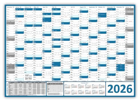 XL Wandkalender/Wandplaner 2026 blau (gerollt) DIN A1 Format (594 x 841 mm) 14 Monate, komplette Jahresvorschau Folgejahr und Ferientermine Feiertage aller Bundesländer
