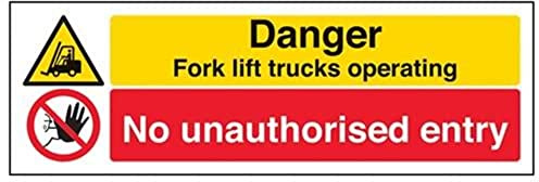 V Safety Danger Fork Lift Trucks Operating No Unauthorised Entry Sign - 300mm x 100mm - 2mm Rigid Plastic