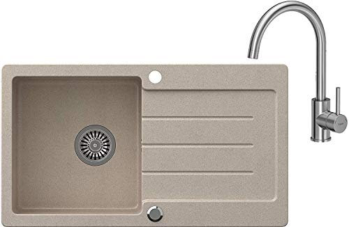 VBChome Spülbecken Beige 77 x 44 cm Granit Einzelbecken Einbauspüle gesprenkelt reversibel Verbundspüle + Siphon Waschbecken Armatur