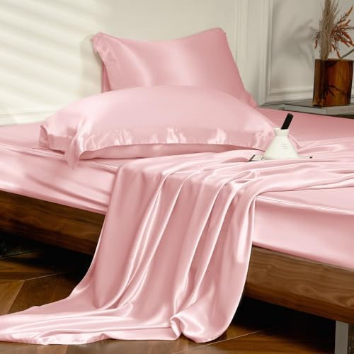 THXSILK 4-teiliges Bettwäsche-Set aus Seide, 100% Lange Stränge, 25 Momme Maulbeerseide, Bettwäsche-Set und Kissenbezüge, extrem weich und luxuriös Queen Charming Pink