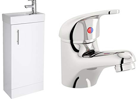 VeeBath Sheen High Gloss White 400mm Compact Cloakroom Vanity Unit with Egham Designer Chrome Mixer Sink Basin Tap (Assembled)