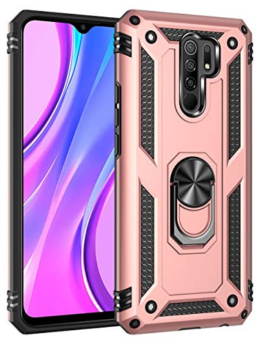 BestST Funda para Xiaomi Redmi 9 +HD Protectores de Pantalla,con Anillo Soporte, Rugged TPU y PC Cubierta de Doble Capa Hybrid Carcasa y 360 °Rotación Kickstand 2 en 1 Case. RoseOro
