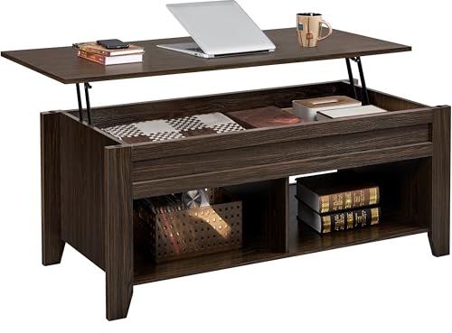 Yaheetech Lift Top Coffee Table with Hidden Storage Compartment & 2 Open Shelves, Rising Tabletop Pop Up Center Table for Living Room Reception Room, 47.5'' L, Espresso
