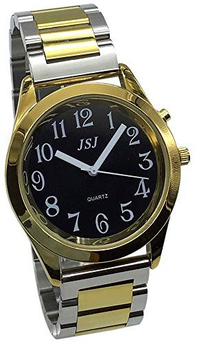 VISIONU Deutsch Sprechende Armbanduhr mit Weckerunktion, Ansage von Uhrzeit und Datum,Schwarz - Ziffernblatt (Bicolor Metallband mit Faltschliesse)
