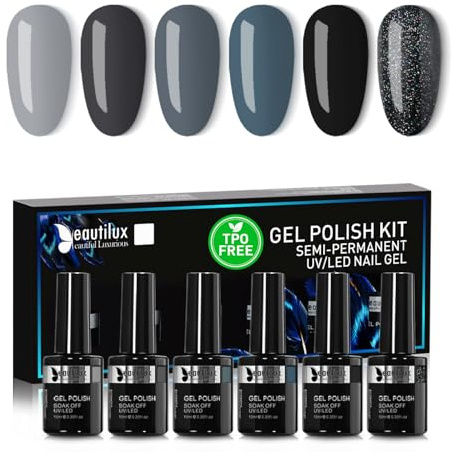 Beautilux Gel Nagellack Semipermanent Ohne -PO Ohne-HEMA Schwarze Graue, 6 Farben 10ml Soak Off Schwarze Gel Nagellack Set für Home-Maniküre Nail Art Maniküre (YT-11)