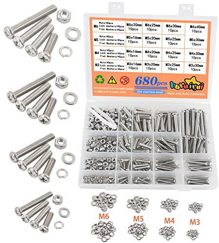 huruirui 680 Stück M3 M4 M5 M6 Schraubensortiment mit Muttern Set Linsenkopfschrauben Maschinenschrauben 304 Edelstahl Schrauben mit Muttern und Unterlegscheiben für DIY Reparatur Befestigungszubehör