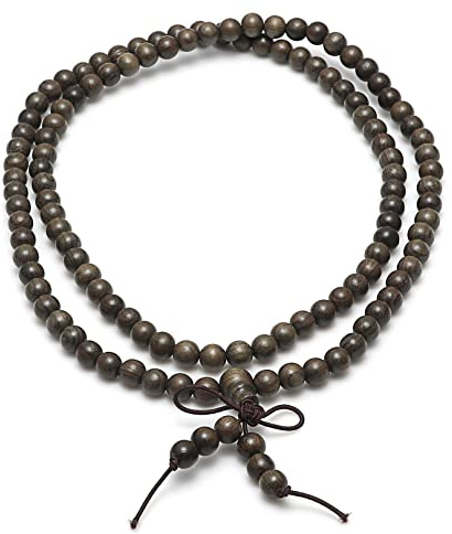 Thajaling Pulsera de madera natural de 6 mm, 108 cuentas, Mala de meditación, marrón oscuro
