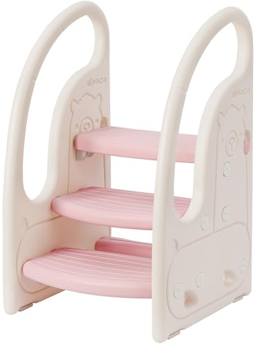 Onasti Tritthocker für Kinder, Dreistufiger Höhenverstellbar Tritt-Schemel Kinderschemel für Baby, Bequemer Handslauf, Multifunktion, Anti-Rutsch, Ab ca. 1.5 bis ca. 6 Jahre -, (Rosa)