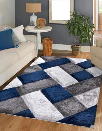 Abstract Design Modern Shaggy Rugs for Living Room Soft Thick Pile Large Rug for Bedroom Small Floor Mat (Blue, 60 X 110 cm)