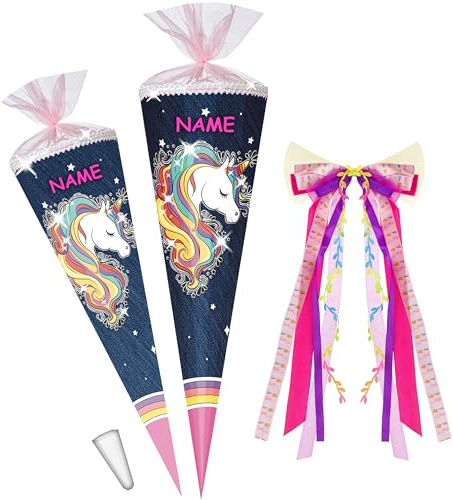 alles-meine.de GmbH Schultüte mit Glitzer - Effekt ! Einhorn - Regenbogen Mähne 70-100 cm Größe wählbar inkl. Name - + Kunstoff Spitze + Schleife - Tüllabschluß/Fil..