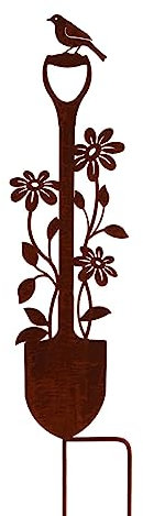 Bornhöft Gartenstecker Spaten Schaufel mit Blumen und Vogel Metall Gartendeko Rost Edelrost rostiger Beetstecker Rostfigur für den Garten Rankhilfe Deko Figur (Spaten A)