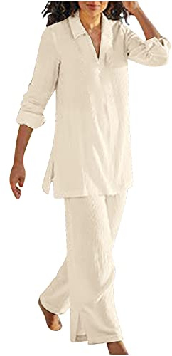 NUSGEAR 2023 Conjunto Dos Piezas Mujer Casual Lino algodón Camisa manga larga y Pantalones verano otoño Deportivo Suelto Traje Cómodo cuello en V Conjunto Casa Moda Color sólido ligera Talla grande
