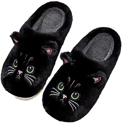 NIBESSER Zapatillas Casa Mujer Hombre Invierno Pantuflas Peluche Gato Zapatillas de Estar por Casa de Felpa Cálido Suave Antideslizantes Pantuflas Animales Divertidas, Negro, 39/40 EU