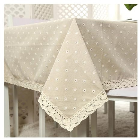KnSam Tischtuch, Gänseblümchen Blumen mit Spitze Tischdecken Baumwolle Polyester Biertisch Tischdecke Hochzeit Tischdekoration Mitteldecke für das ganze Jahr, 90x90CM, Weiß