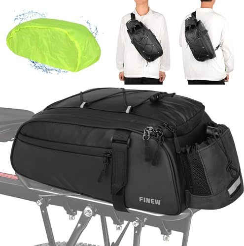 FINEW 2 in 1 Fahrradtasche für Gepäckträger,12L PU Stoff Gepäckträgertasche | Fahrrad - Multifunktionale Hinter Gepäcktasche mit Regenschutz & Rucksackfunktion & Tragegurt- Wasserfest & Reflektierend