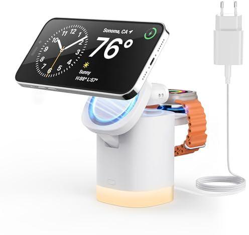 JoyGeek Mag Safe Ladegerät, Faltbar 3 in 1 Kabellose Ladestation für i Phone Air/17/16/15-12 Serie, Wireless Charger mit einstellbarem Nachtlicht für iWatch 11-2/SE/Ultra,für Air Pods 4-2/Pro, Weiß