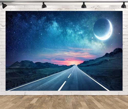 CORFOTO 7x5ft Mond, Milchstraße, Foto Hintergrund, Nachtstraße, Autobahn, Fotografie-Hintergrund, Sternenhimmel-Hintergrund, Fantastische Nacht, Kindergeburtstag, Hochzeit, Porträt, Fotokabine
