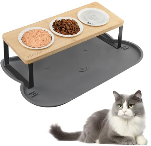 Katzennapf Erhöht, Mezzar 15° Gekippte Ergonomischer Set Futternäpfe Katze aus Keramik, 3er Futterstation Katze mit Fressnapf Napfunterlage Silikon Fressnapf Holz Keramik und Wassernapf für Katzen