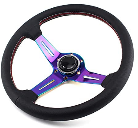Sportlenkrad,Drifting Steering Wheel,Lenkrad 13.5inch (345mm) Lenkrad Leder geröstet blau tief 68mm Rennspiel Lenkrad(Neochrome)