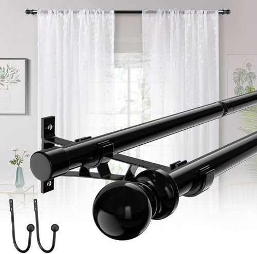 Negro Barras de Cortina Doble 82-170CM, Barra de Cortina Extensible Diámetro 2,45 cm, Barra de Cortina de Acero Inoxidable Decorativa Ajustable para Sala de Estar, con Terminales Redondos con Soportes
