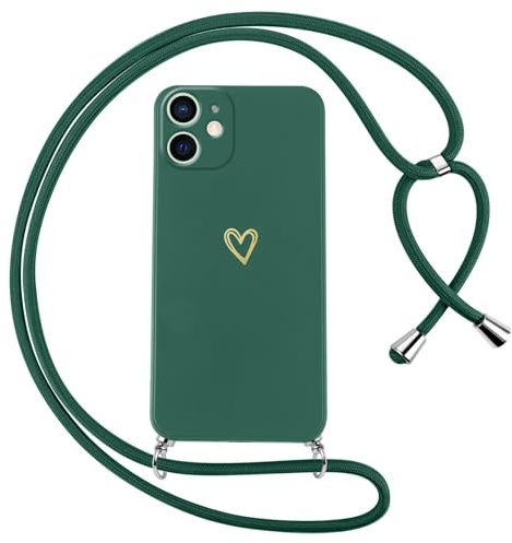 Oelrstfe Handyband für iPhone 12 Mini Hülle mit Band Herz Motiv Handyhülle für zum Umhängen Silikon Stoßfest Ultra Dünn Weich Schutzhülle mit Kordel Necklace Kette Love Muster Case,Grün