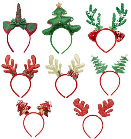 Sporgo 8 Stück Weihnachten Stirnband: Weihnachts Kopfschmuck Weihnachtsbaum Weihnachtsmütze Rentiergeweih, Spaß Haarreifen Haarschmuck Weihnachtsdekoration für Kinder und Erwachsene