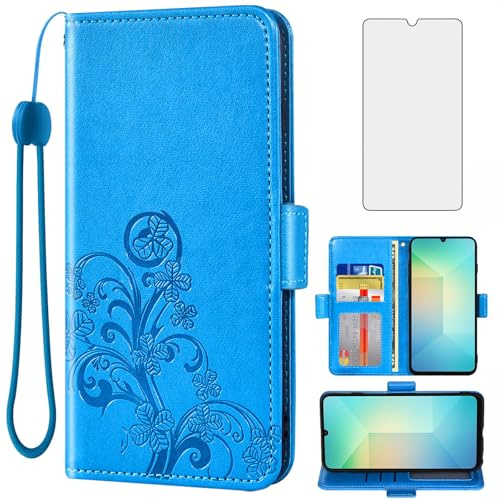 Asuwish Compatible with Samsung Galaxy A06 Wallet Case and Tempered Glass Screen Protector Flip Purse Accessories Wrist Strap Credit Card Holder Stand Cell Phone Cover for Ao6 A 06 Women Men Blue