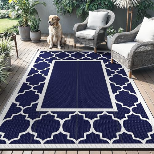 GENIMO Outdoor Rug 120x180cm, Garden Rugs Waterproof Reversible Plastic Carpet, Washable Outdoor Mats for RV, Patio, Camping, Picnic, Deck, Camper, Blue & White