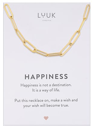 LUUK LIFESTYLE Collana donna con ciondolo Catena Maglie e acciaio inossidabile (50 cm), con carta HAPPINESS, portafortuna, gioielli semplice, idea regali ragazza, lei, compleanno, oro