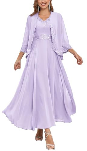 Vestido largo para madre de la novia para mujer con chaqueta, 2 piezas, vestido formal de gasa para invitada de boda, Lila, 40