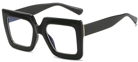 LJCZKA Blue Light Blocking Glasses for Women Oversized Square Anti Blue Light Glasses Big Thick Frame Chunky Computer Gaming Anti Glare Eyeglasses (Black, 0.0, x)