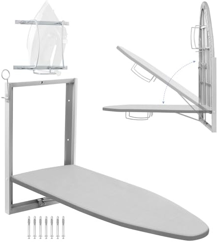 Gemsaya Planche à repasser pliable avec montage mural, rotative à 180°, peu encombrante avec organisateur de fer à repasser et housse résistante à la chaleur, planche à repasser murale pliable pour