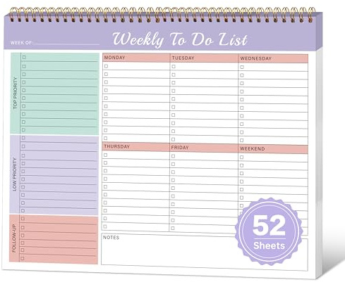 Weekly To Do List Notepad with Priorities,Follow Up 8.5×11 12 Monthes Undated Weekly Desk Planner Organizer for School,Office Supplies,Family