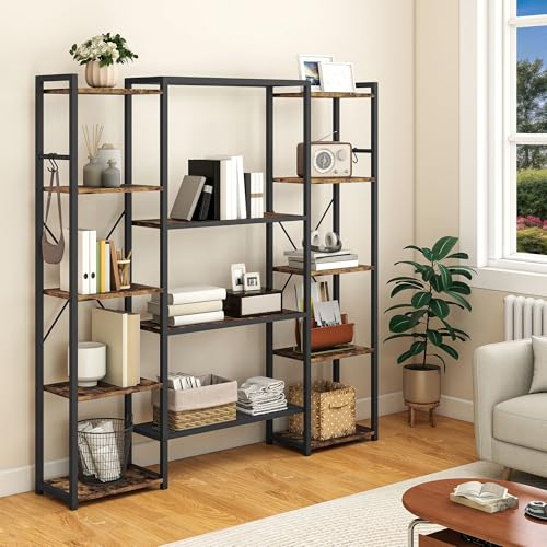 YITAHOME Industrie Bücherregal, Standregal mit 13 Regalböden, Holzregale und Regaleinheit mit Metallrahmen, Bücherständer und Lagerregal, für Wohnzimmer, Heimbüro, Vintagebraun