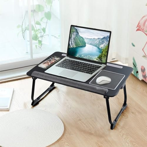 Warmiehomy Portable Lap Desk Fits up to 17 inch Laptop, 2 in 1 Laptop Desk for Bed and Sofa with Foldable Legs, Lap Desk Tray with Cushion&Built-in Mouse Pad&Device Holder&Wrist Rest, Black