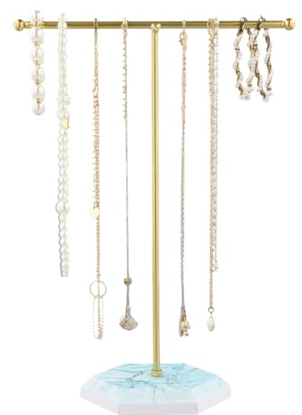 Hnonoxy Soporte organizador de joyas, collar de barra en T, soporte para joyas con base de mármol y marco dorado para collares, pulseras, pendientes, anillos, relojes