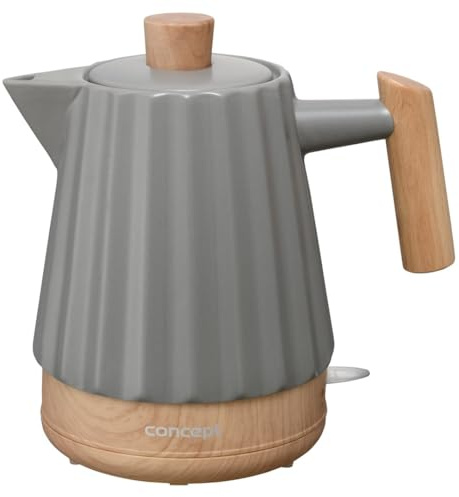 Concept Birdy RK0092 Bouilloire en céramique, 1,5 l, élégante, blanche, avec détails en bois, 1500 W, technologie STRIX, triple sécurité, économie d'énergie, facile d'entretien
