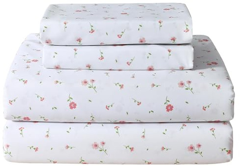 Softan Pink Floral Twin Size Sheet Set, 3 Pieces Single Bed Sheets for Girls, Cozy Microfiber Fitted Sheet with 15 Deep Pockets & Non-Slip Straps, Pink Flower Sheets & Pillowcase Set