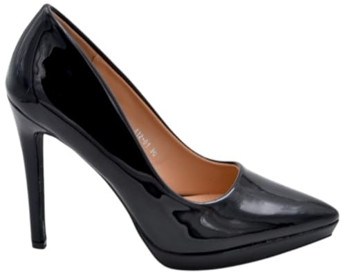 Malu Shoes Dampumps svart spetsig lack glänsande tunn klack 12 cm med platå 2 cm vadderad innersula, Svart, 41 EU